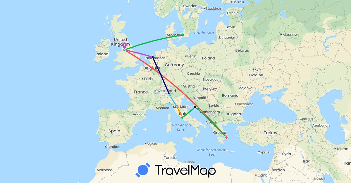 TravelMap itinerary: driving, bus, train, hiking, boat, hitchhiking in Denmark, United Kingdom, Greece, Croatia, Italy, Netherlands (Europe)